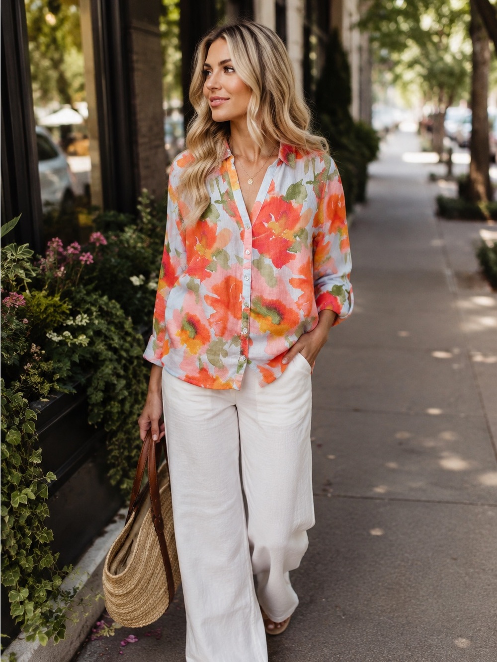 Joie Floral Watercolor Button-Down in Orange, Green and White 100% Linen Size